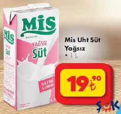 MİS UHT SÜT YAĞSIZ 1 L indirimli fiyat MİS UHT SÜT YAĞSIZ 1 L fiyat ve kampanya bilgisi